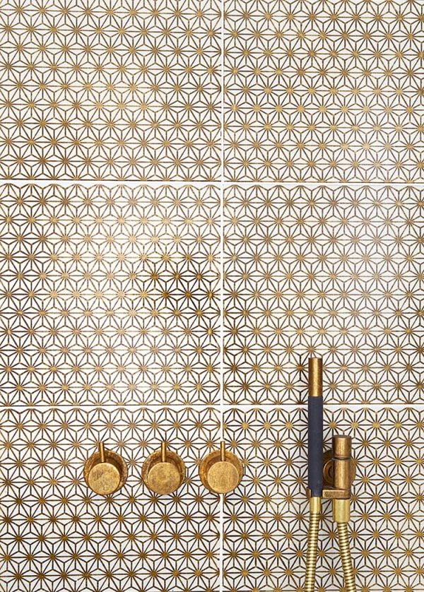 Hand glazed patterned Komon Golden-Ochre K11 lava stone tiles shower by Made a Mano